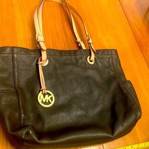Large Dark Brown Leather Michael Kors Pocket Book with Tan Straps
